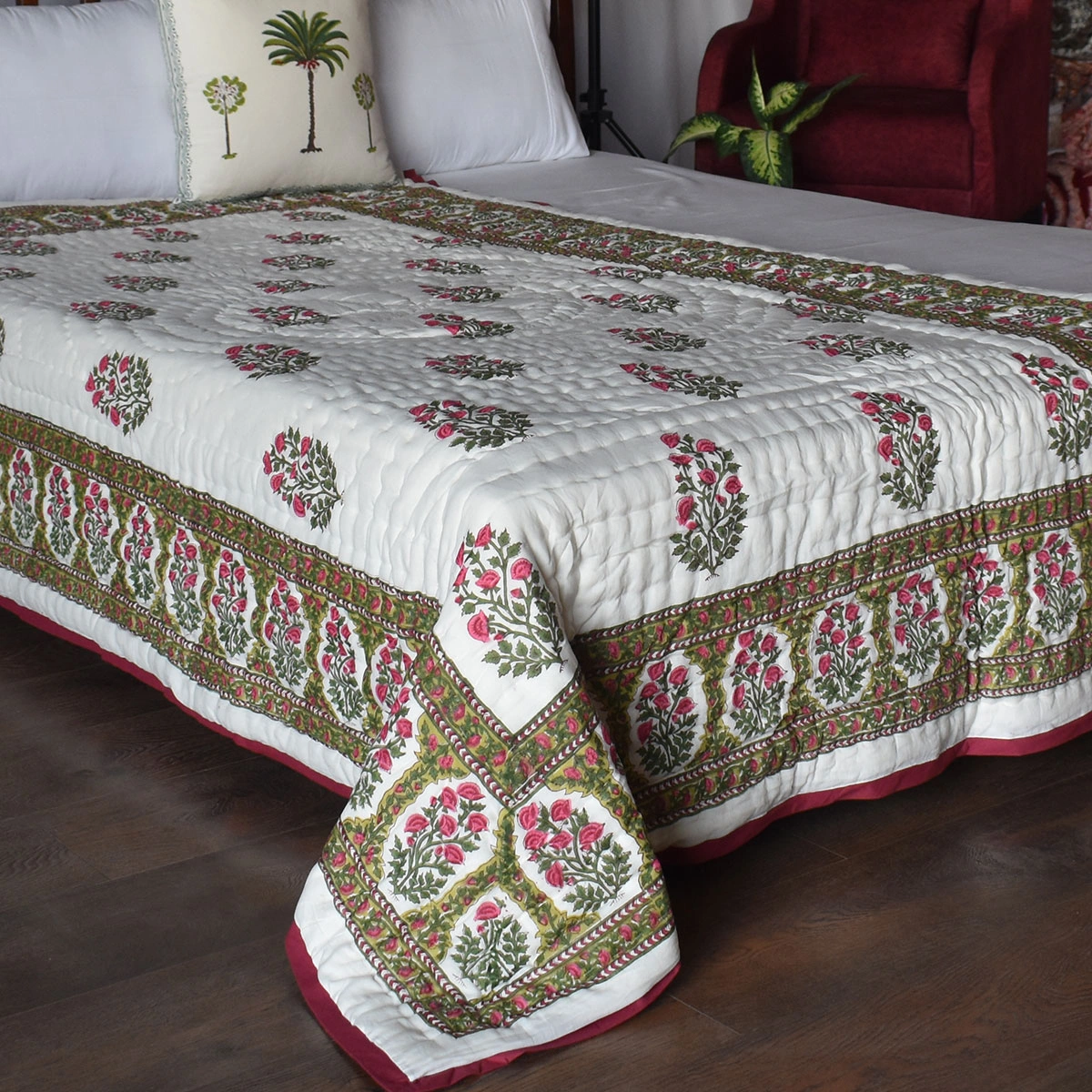 Hand Block Printed Cotton Twin Size Quilt Floral Bale Pink 103562