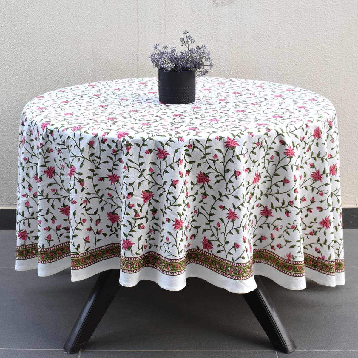 Hand Block Printed Cotton Round Tablecloth 220 cm Floral Bale Pink 103817