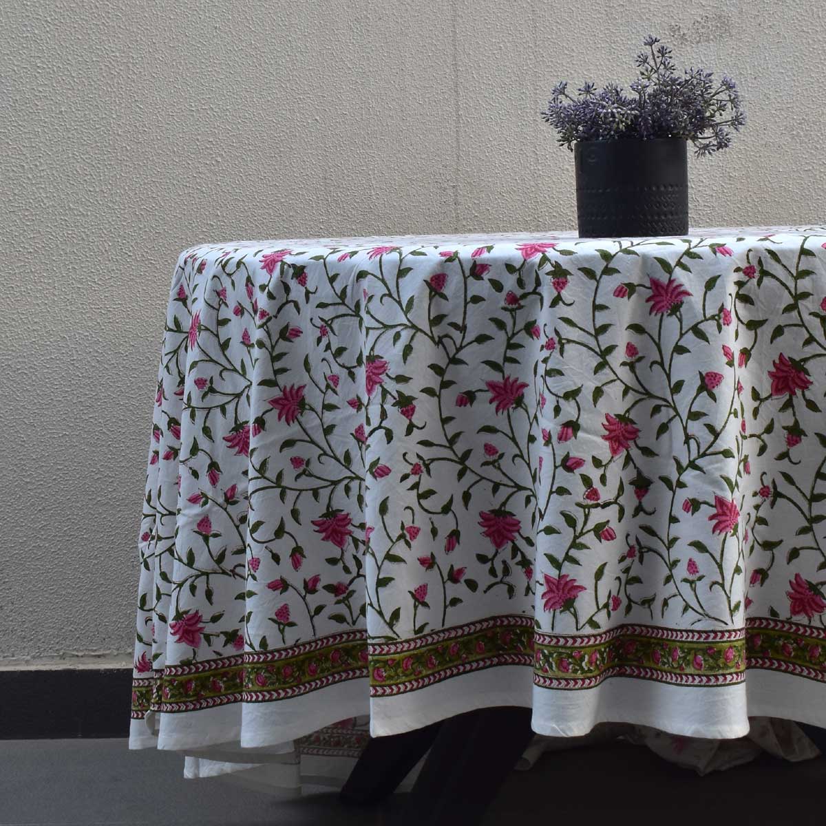 Hand Block Printed Cotton Round Tablecloth 220 cm Floral Bale Pink 103817