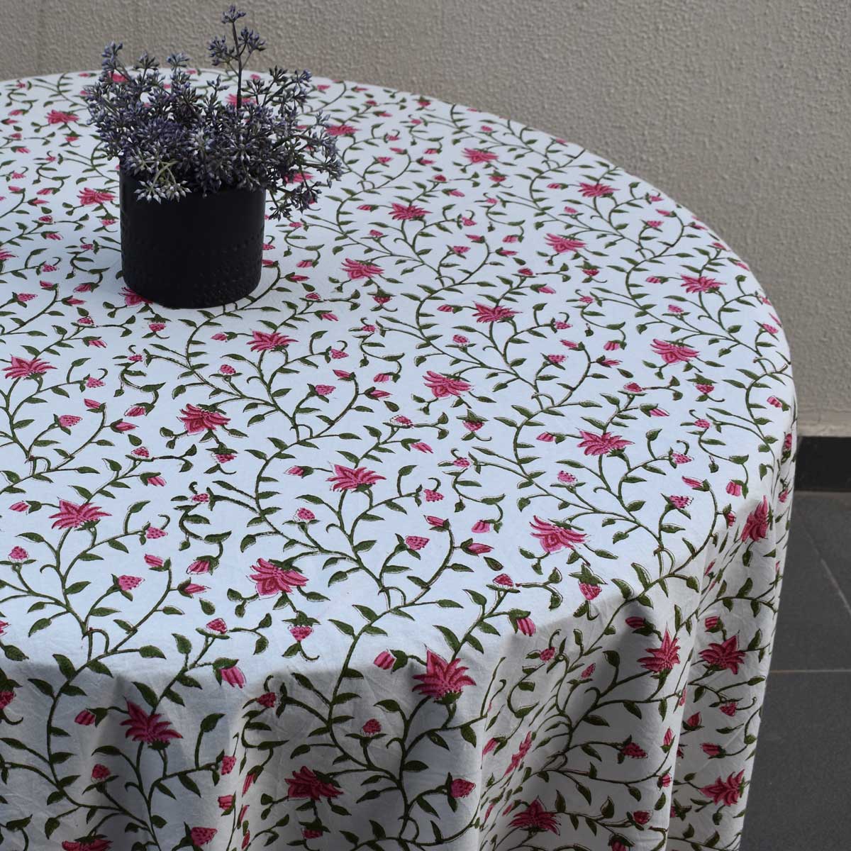 Hand Block Printed Cotton Round Tablecloth 220 cm Floral Bale Pink 103817