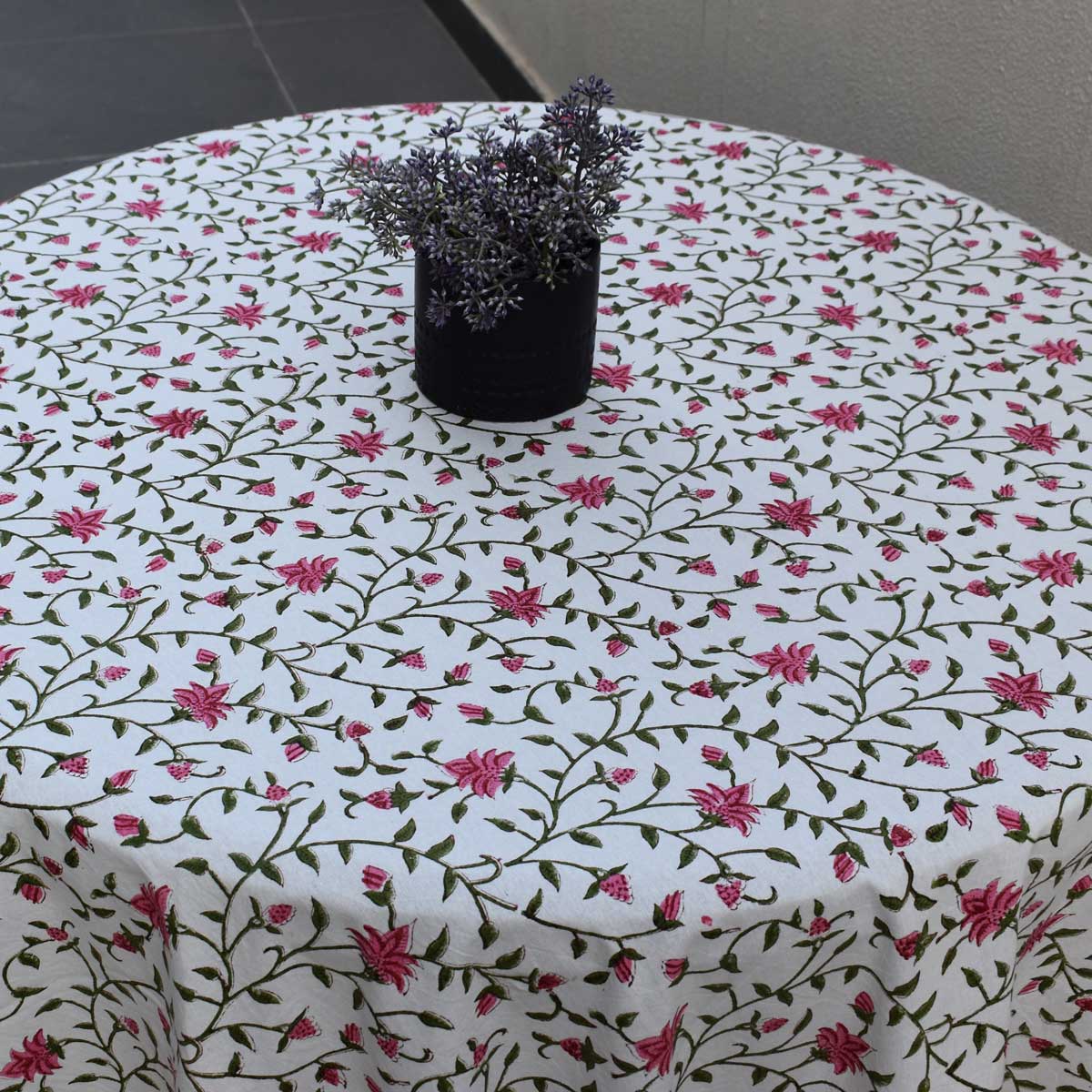 Hand Block Printed Cotton Round Tablecloth 220 cm  Floral Bale Pink 103817