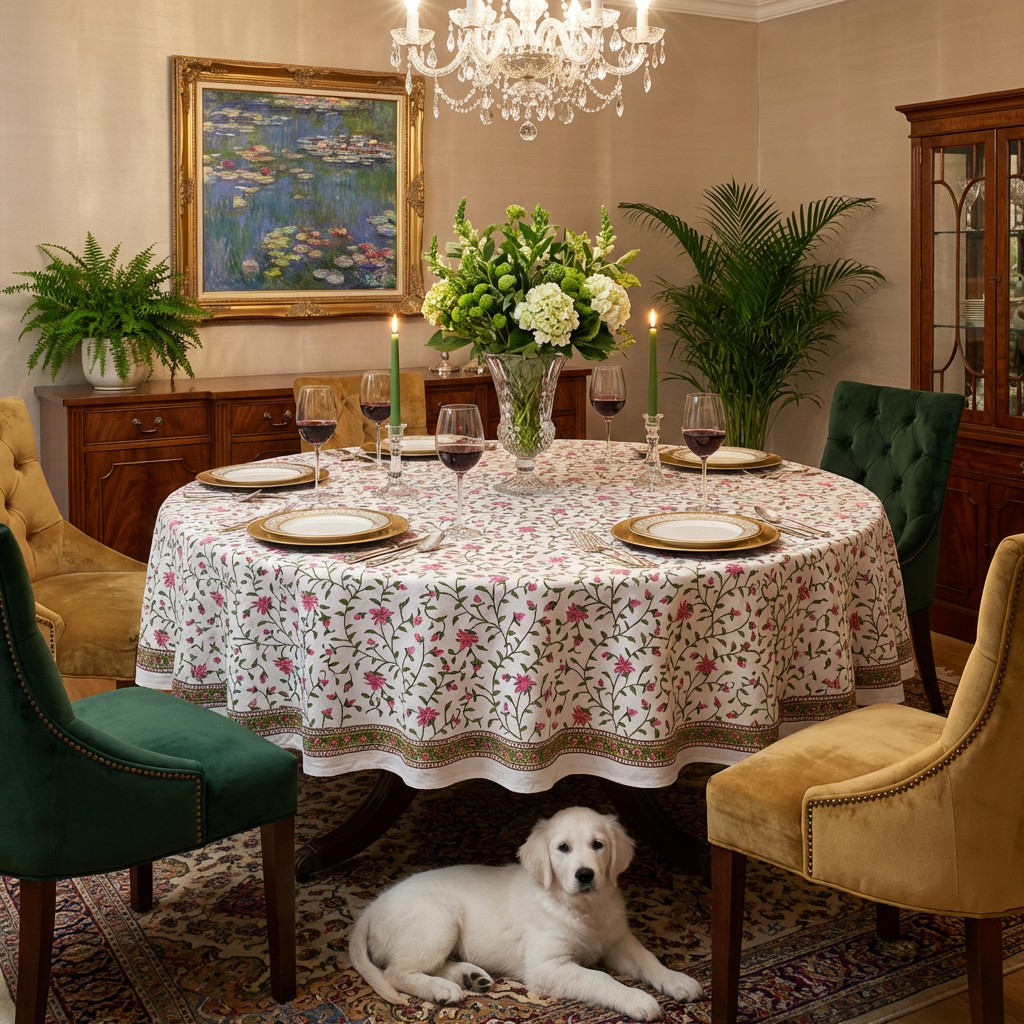 Hand Block Printed Cotton Round Tablecloth 220 cm Floral Bale Pink 103817