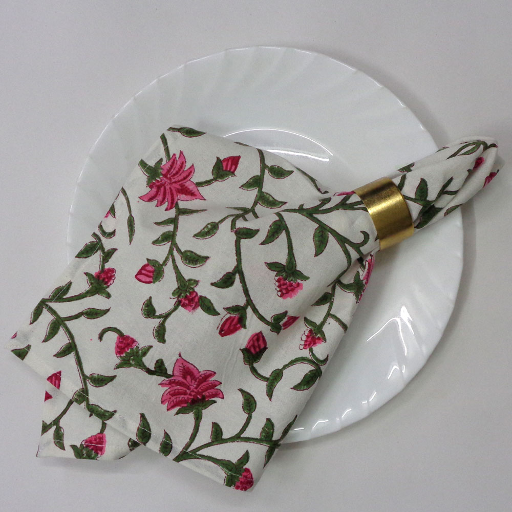 Hand Block Printed Cotton Napkin 45x45 cm Set of 4 Napkins  Floral Bale Pink 104822