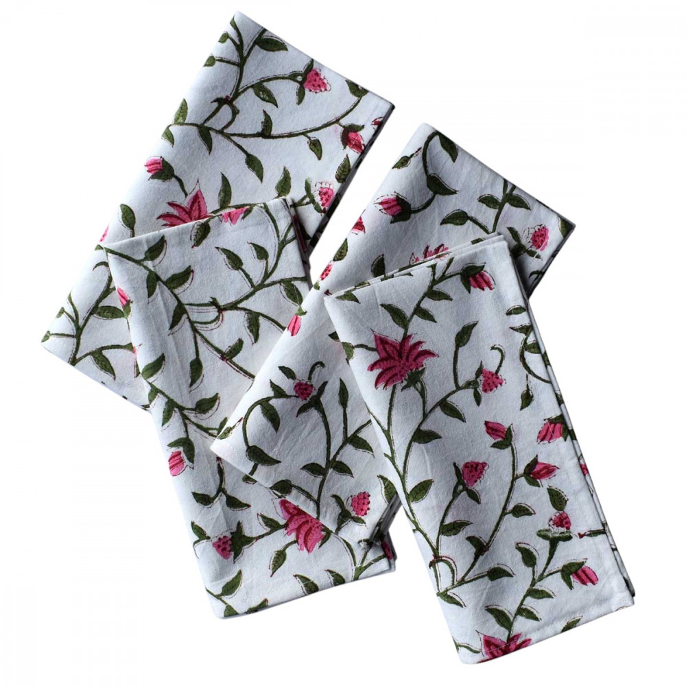 Image of Hand Block Printed Cotton Napkin 45x45 cm (Set of 4 Napkins) | Floral Bale Pink 104822