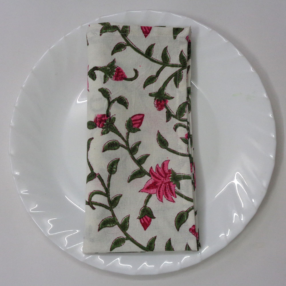 Hand Block Printed Cotton Napkin 45x45 cm Set of 4 Napkins  Floral Bale Pink 104822