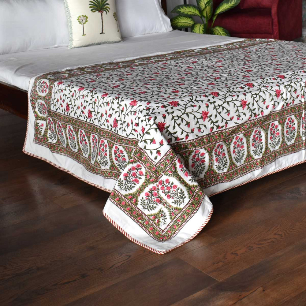 Image of Hand Block Printed Cotton Twin Size Dohar | Floral Bale Pink 501825