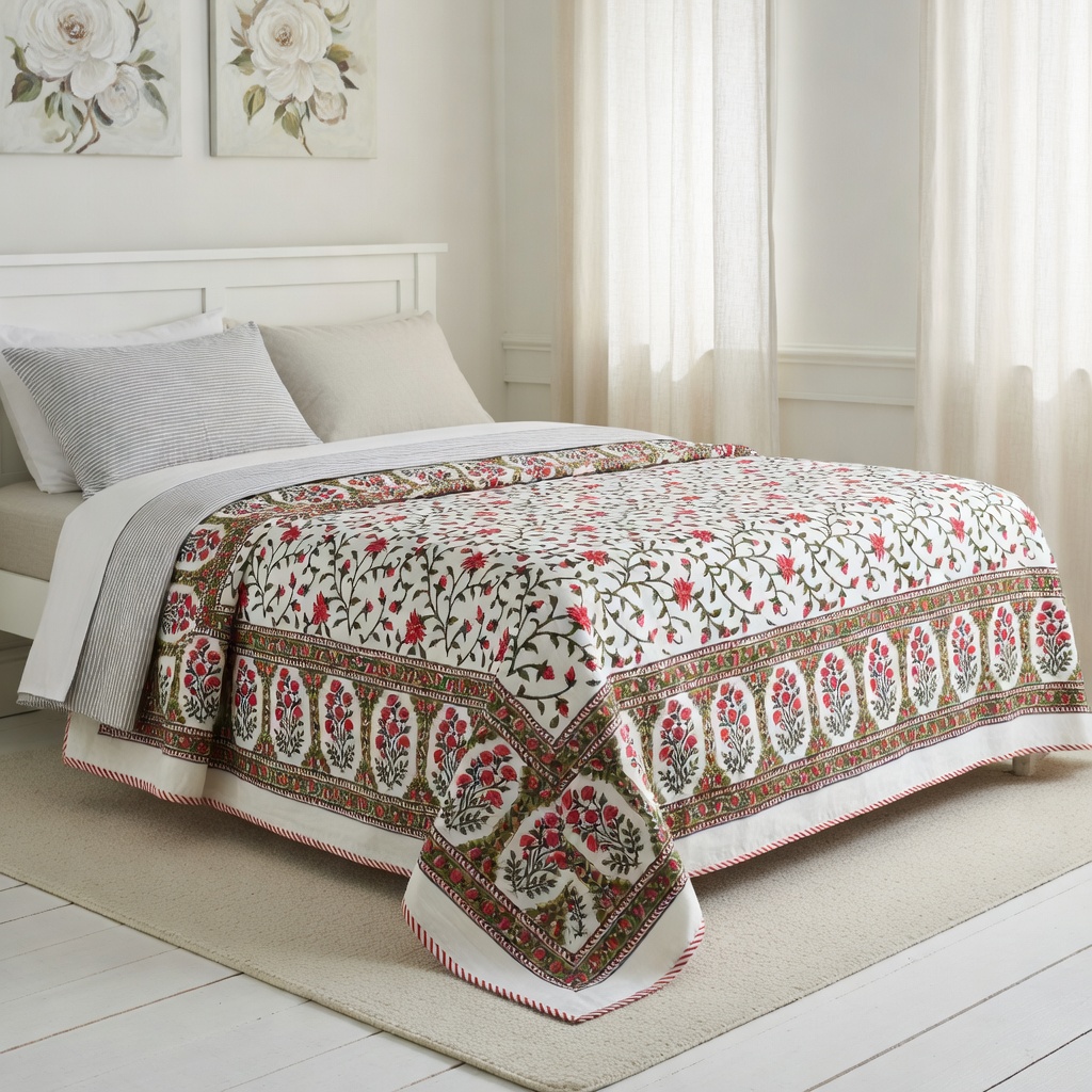 Hand Block Printed Cotton Twin Size Dohar Floral Bale Pink 103562