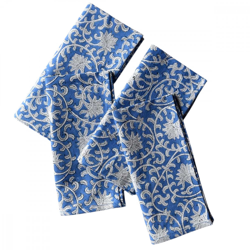 Image of Hand Block Printed Cotton Napkin 45x45 cms (Set of 4 Napkins) | Floral Blue 701945