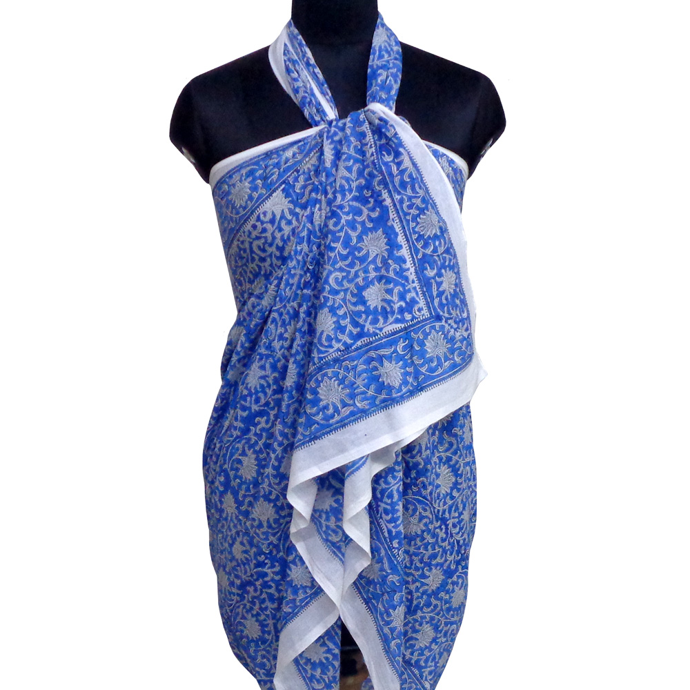 Beach Wrap Sarong Womens Swimwear Wraparound Pareo Soft Cotton Hand Block Printed Floral Blue 701945
