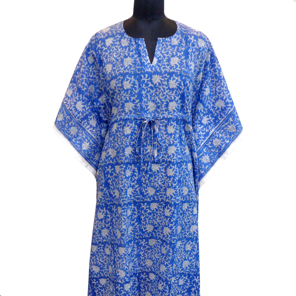 Long Size Kaftan Free Size Indian Block-Printed Loungewear in Soft Cotton Voile Floral Blue 701945