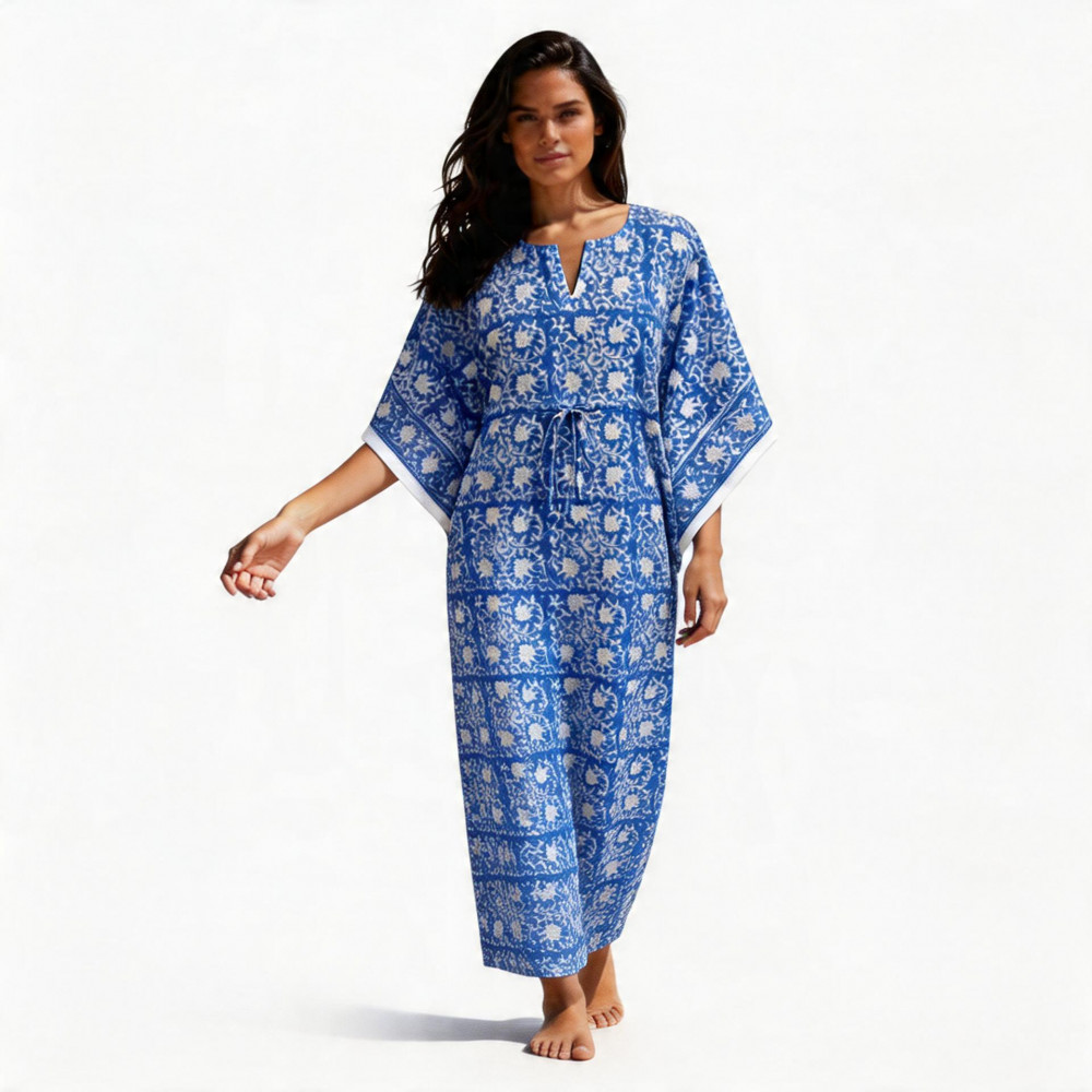 Image of Long Size Kaftan Free Size Indian Block-Printed Loungewear in Soft Cotton Voile | Floral Blue 701945