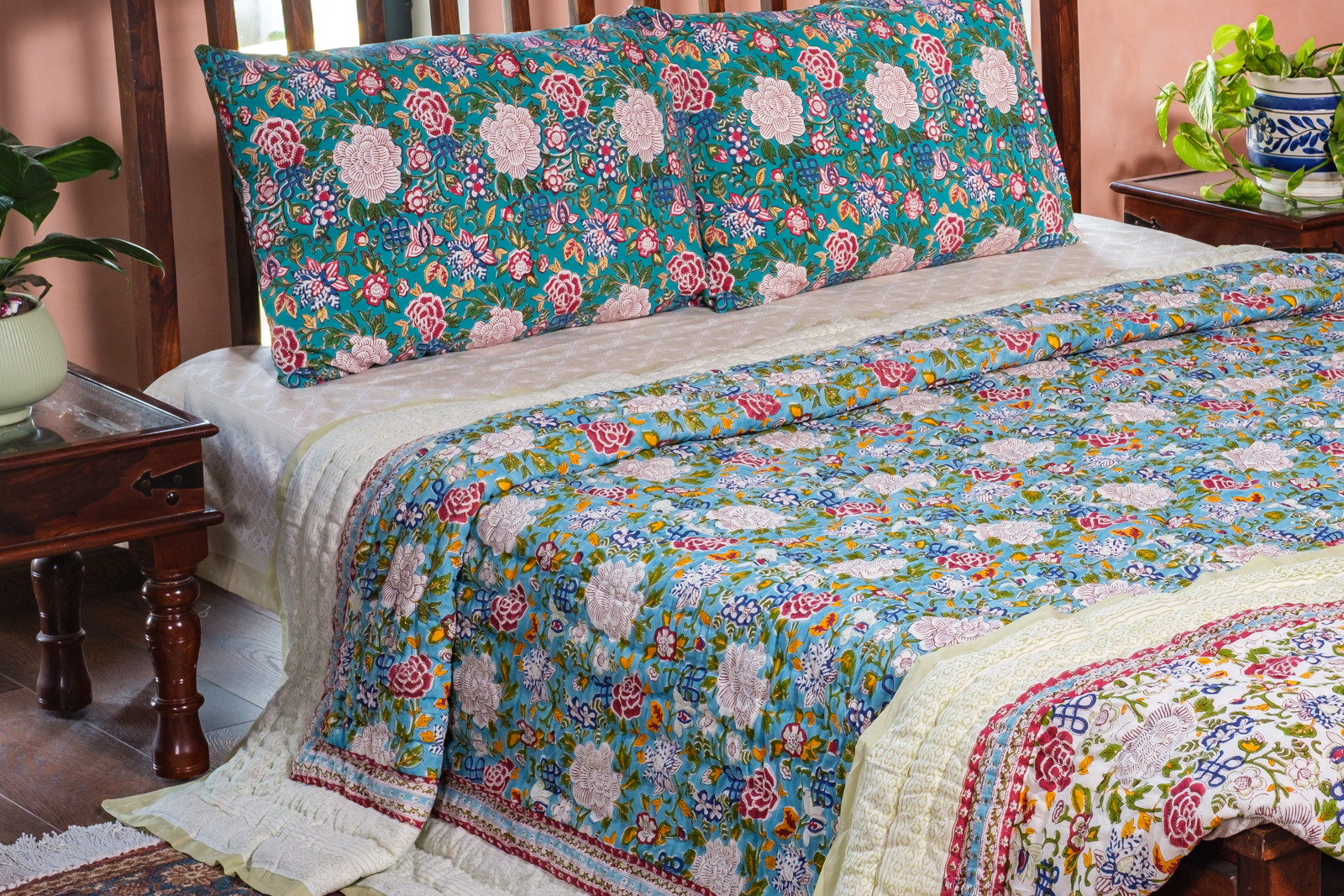 Hand Block Printed Cotton King Size Quilt  Floral Canvas Blue Jade 102233