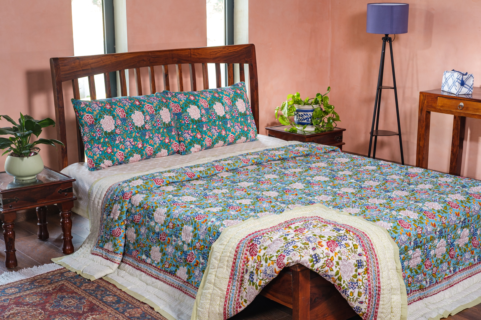 Hand Block Printed Cotton King Size Quilt Floral Canvas Blue Jade 102233