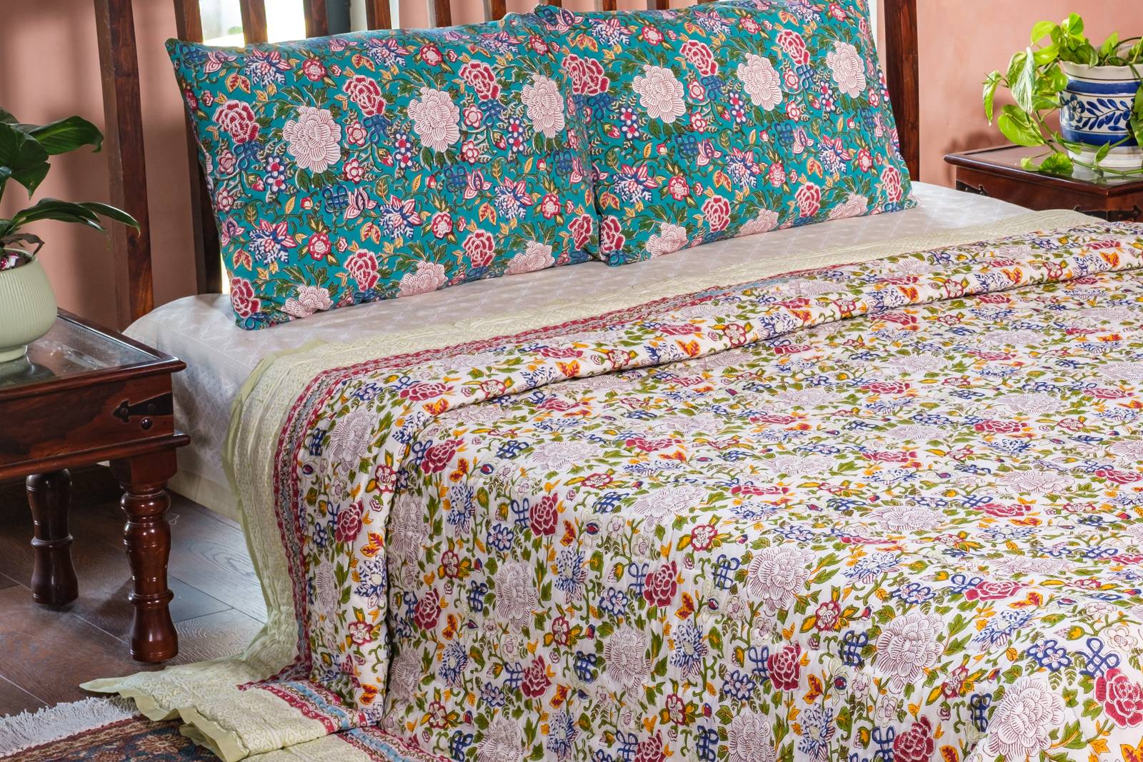 Hand Block Printed Cotton King Size Quilt  Floral Canvas Blue Jade 102233