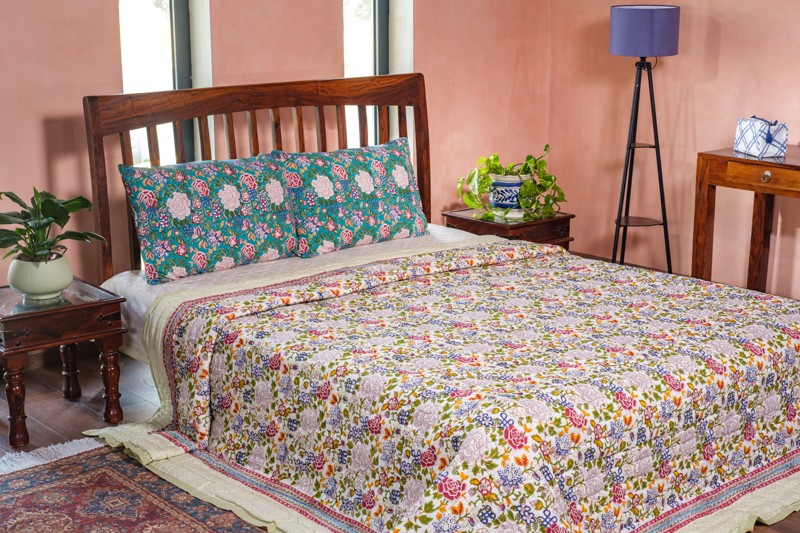 Hand Block Printed Cotton King Size Quilt Floral Canvas Blue Jade 102233