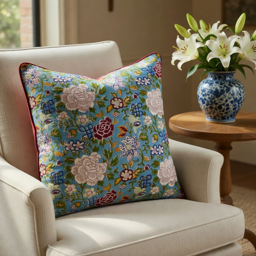 Piping Cushion Cover 50x50 cms Floral Canvas Blue Jade 202210