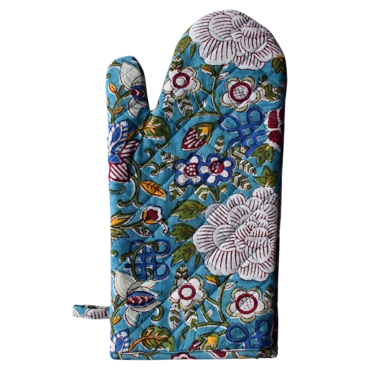 Artisan-Made Hand Block Printed Oven Mitt and Pot Holder Set Floral Canvas Blue Jade Gud 106875