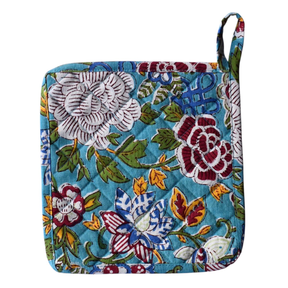 Artisan-Made Hand Block Printed Oven Mitt and Pot Holder Set Floral Canvas Blue Jade Gud 106875