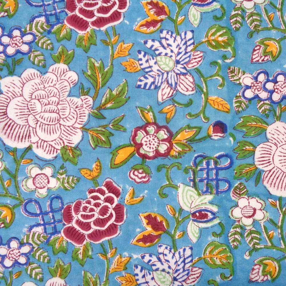 Hand Block Printed on 100 Cotton 5 Yard Fabric SANGANER Floral Canvas Blue Jade Gud 106875