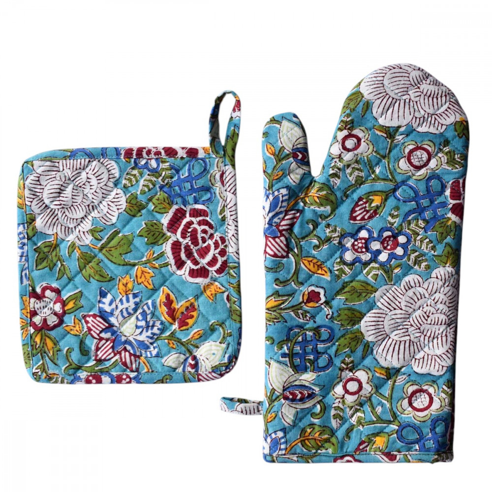 Image of Artisan-Made Hand Block Printed Oven Mitt and Pot Holder Set | Floral Canvas Blue Jade Gud 106875
