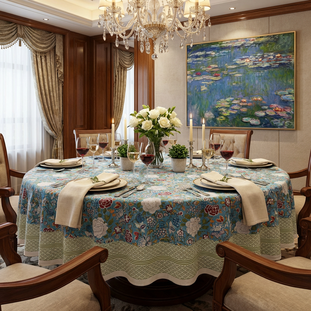 Hand Block Printed Cotton Round Tablecloth 220 cms  Floral Canvas Blue Jade Gud 204988