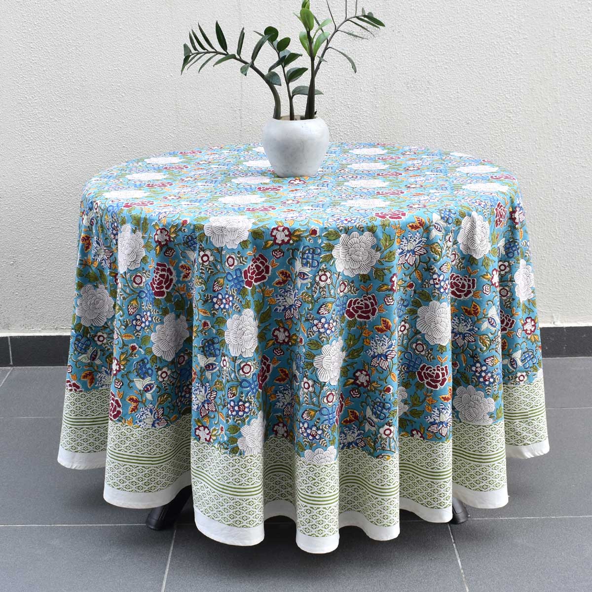 Hand Block Printed Cotton Round Tablecloth 275 cms Floral Canvas Blue Jade Gud 204988