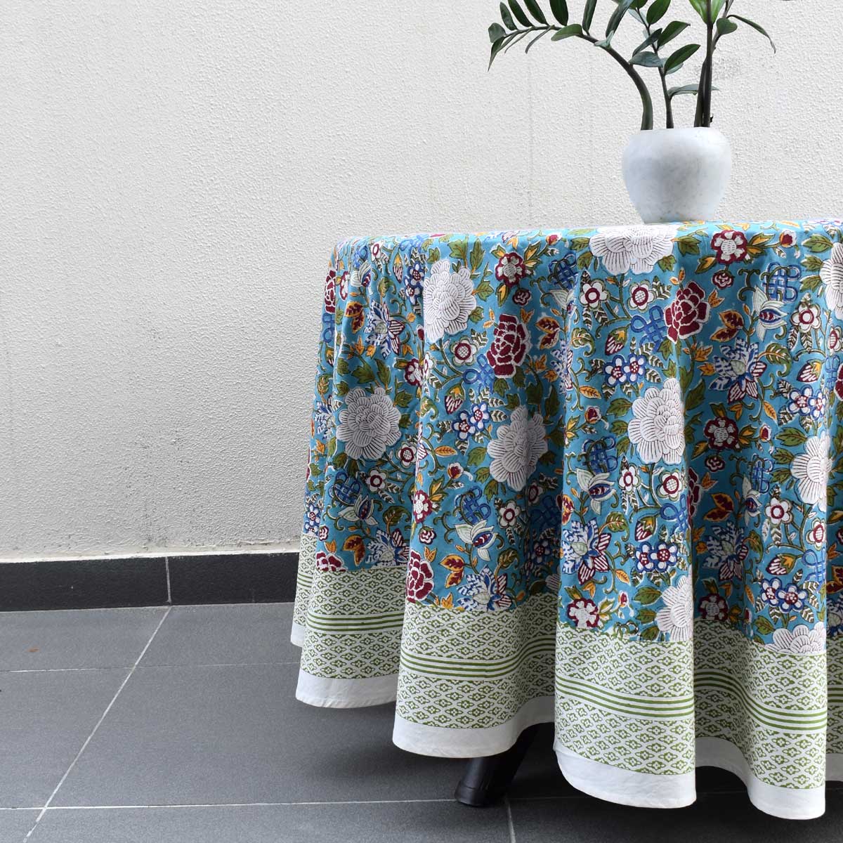 Hand Block Printed Cotton Round Tablecloth 180 cms Floral Canvas Blue Jade Gud 204988