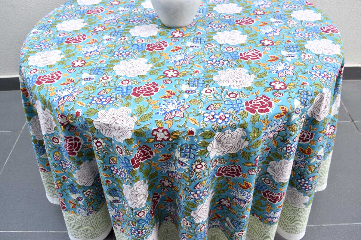 Hand Block Printed Cotton Round Tablecloth 180 cms Floral Canvas Blue Jade Gud 204988