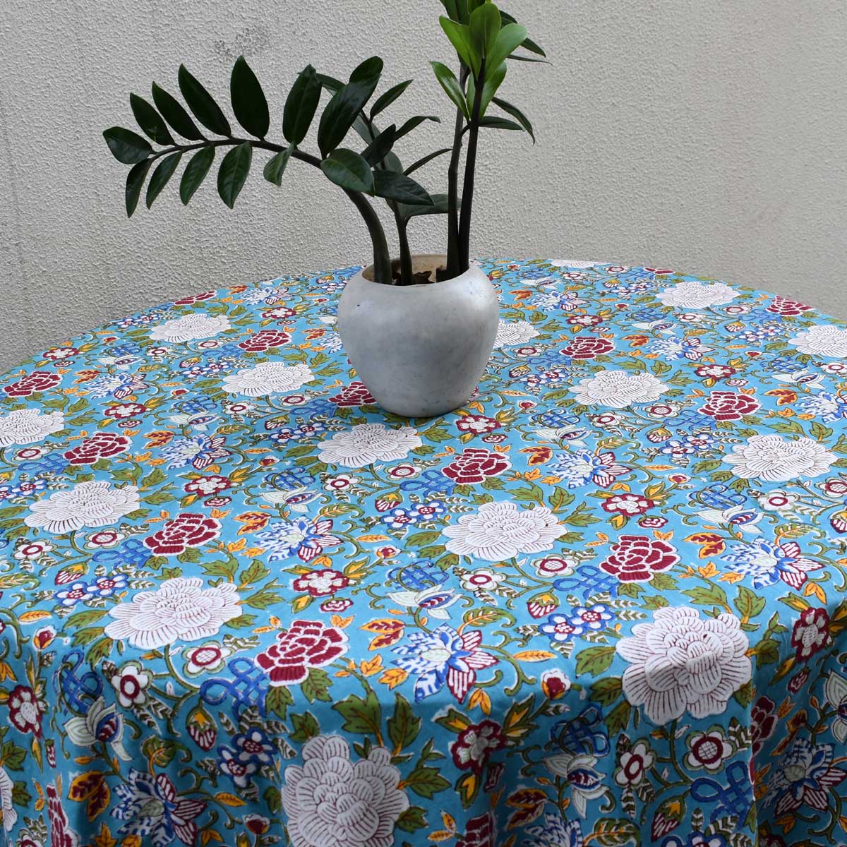 Hand Block Printed Cotton Round Tablecloth 180 cms Floral Canvas Blue Jade Gud 204988
