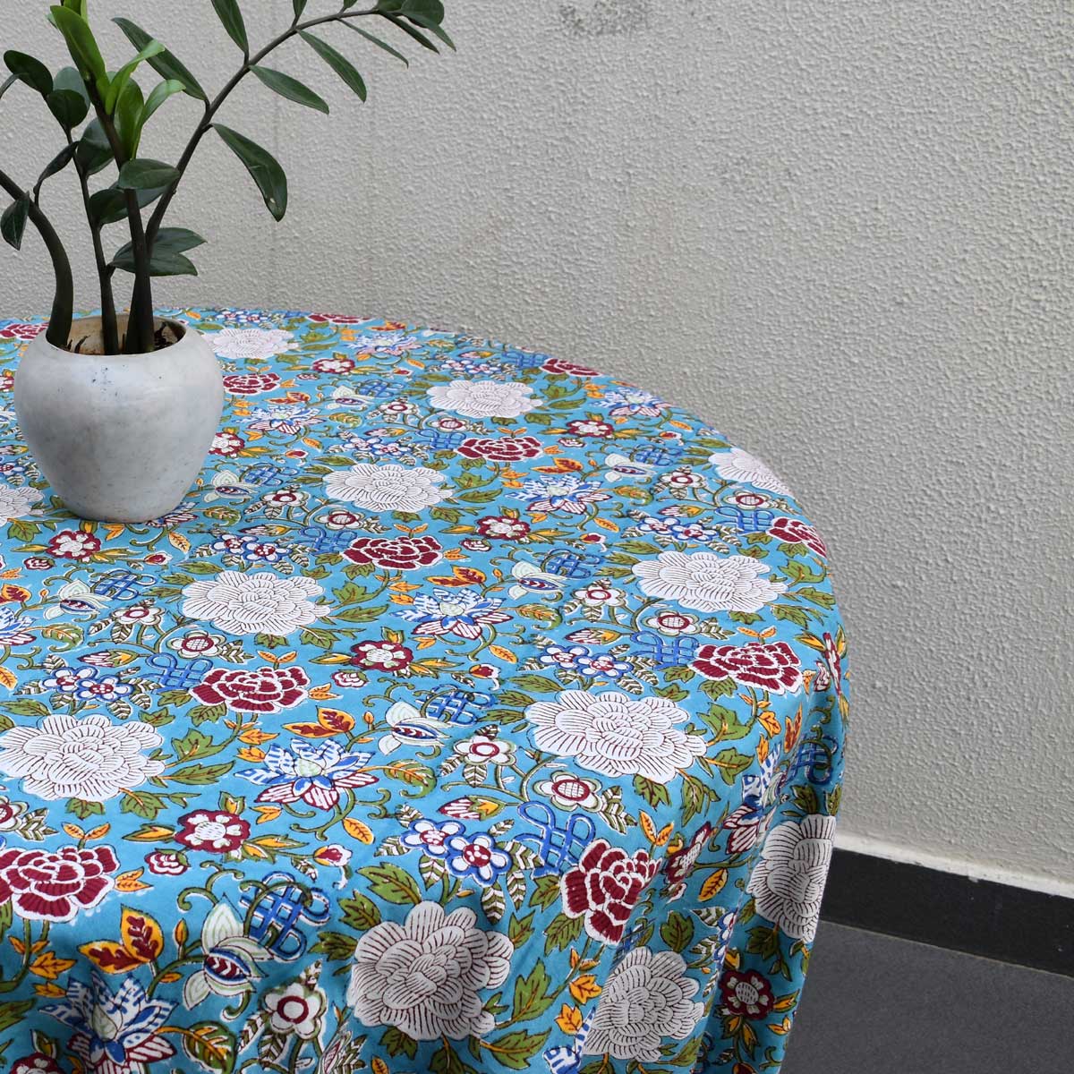 Hand Block Printed Cotton Round Tablecloth 180 cms Floral Canvas Blue Jade Gud 204988