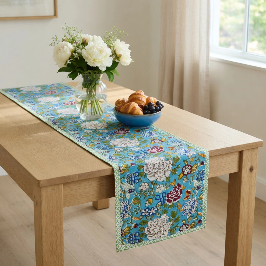 Hand Block Printed Cotton Canvas Table Runner 33x120 cms Floral Canvas Blue Jade Gud 206865
