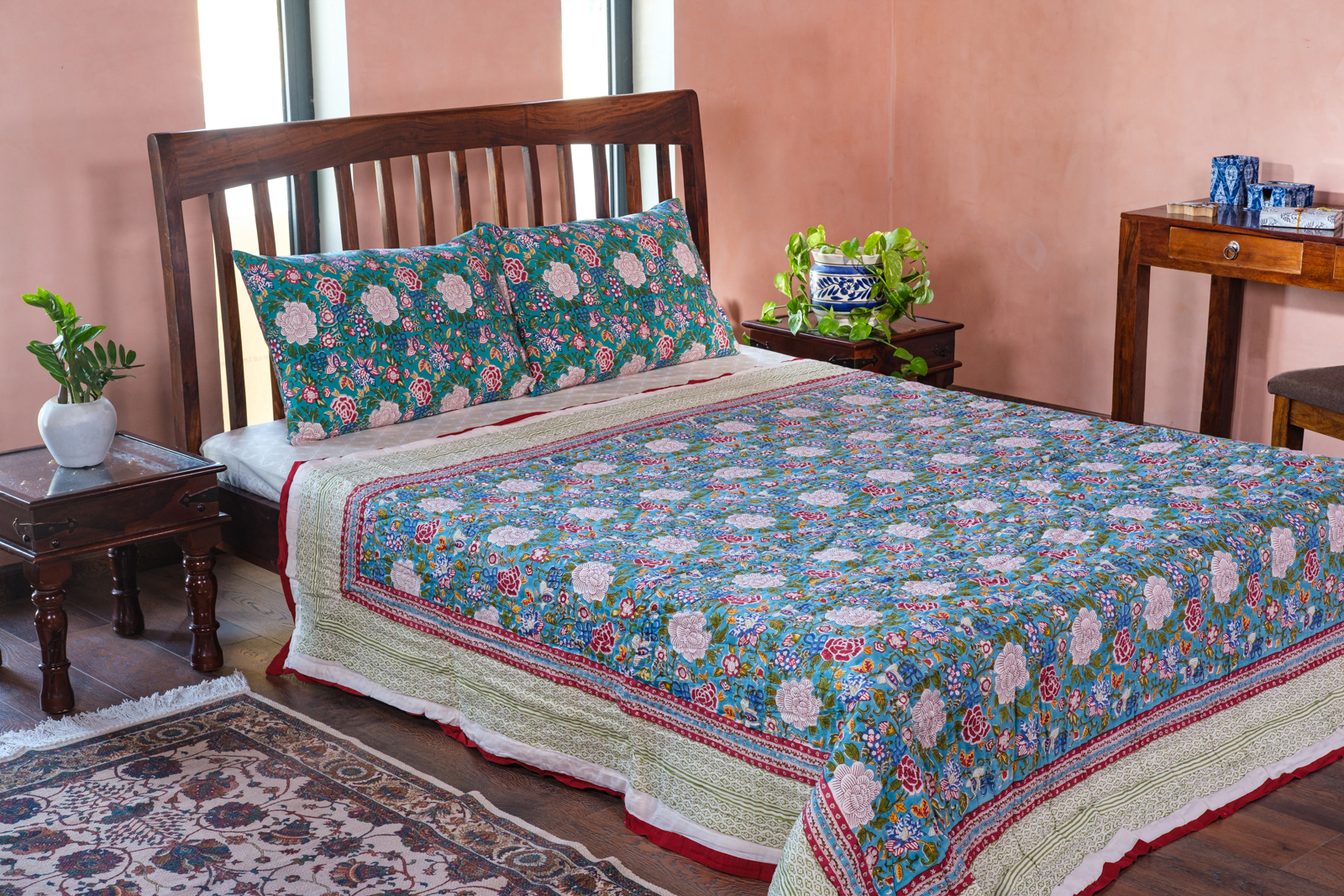 Hand Block Printed Cotton Queen Size Quilt Floral Canvas Blue Jade Gud 206865