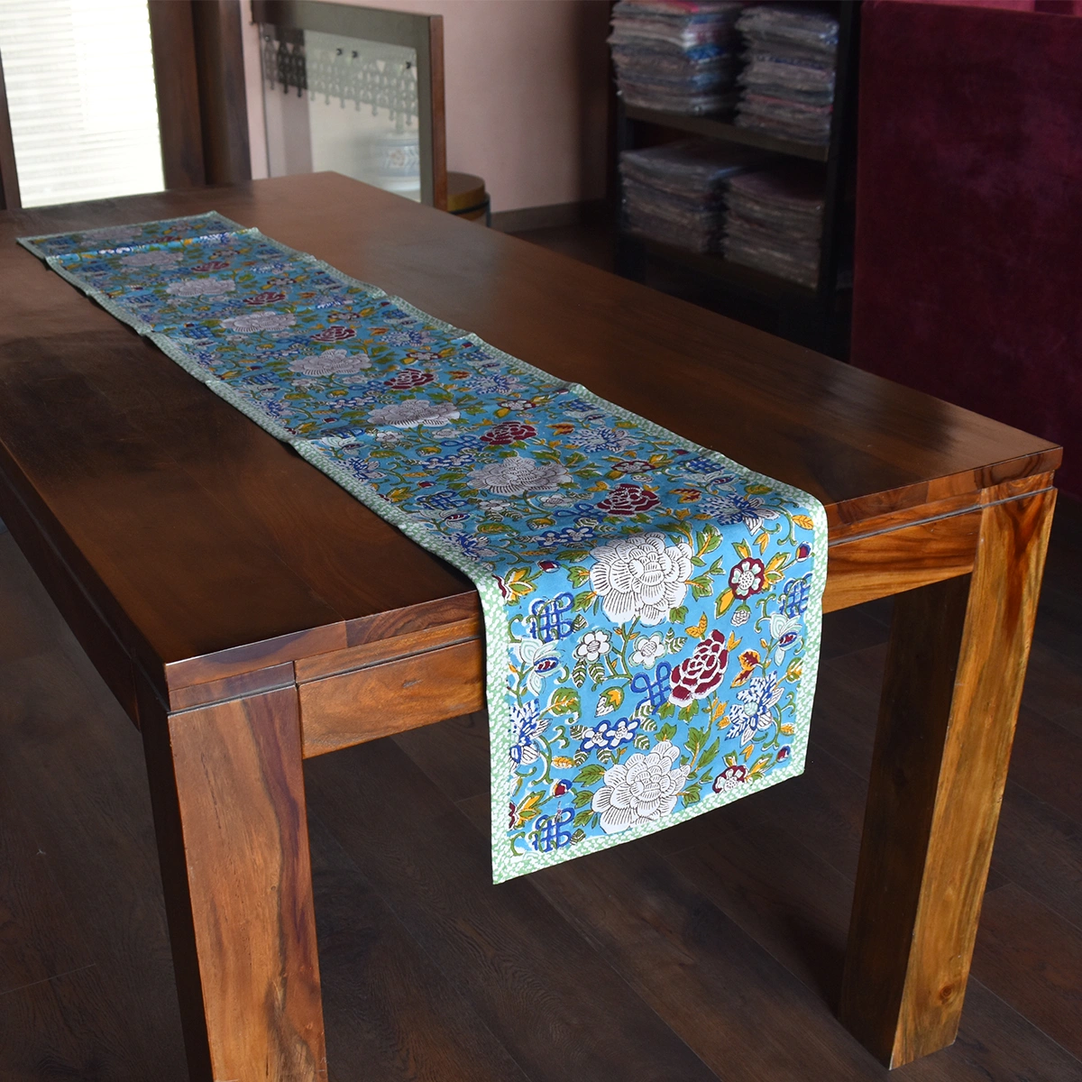 Hand Block Printed Cotton Canvas Table Runner 33x170 cms Floral Canvas Blue Jade Gud 206865