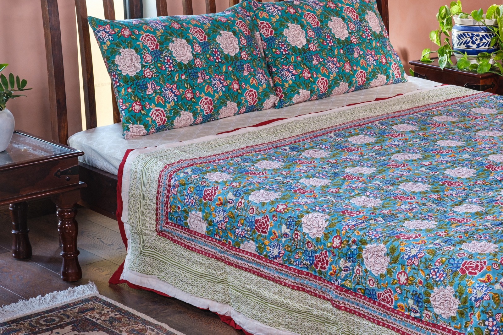 Hand Block Printed Cotton Queen Size Quilt Floral Canvas Blue Jade Gud 206865