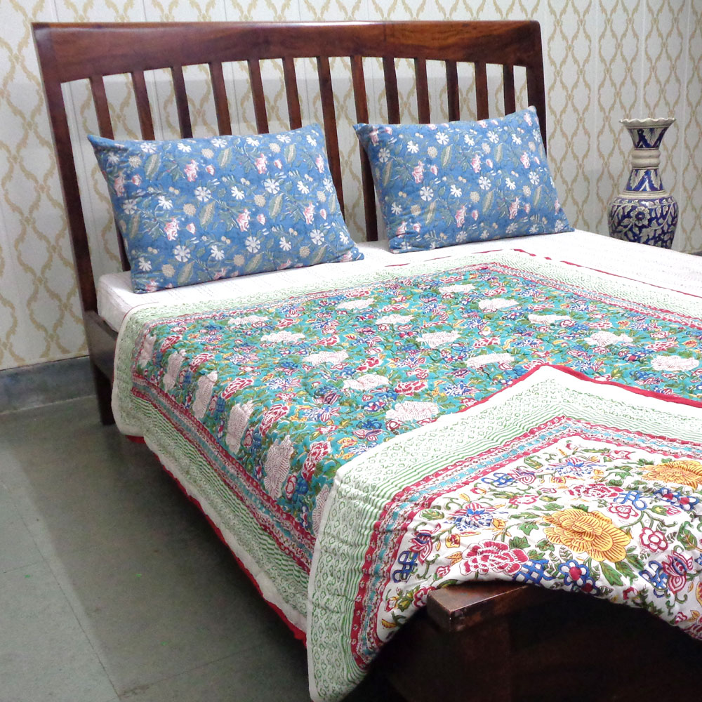 Hand Block Printed Cotton Twin Size Quilt Floral Canvas Blue Jade Gud Red 206865