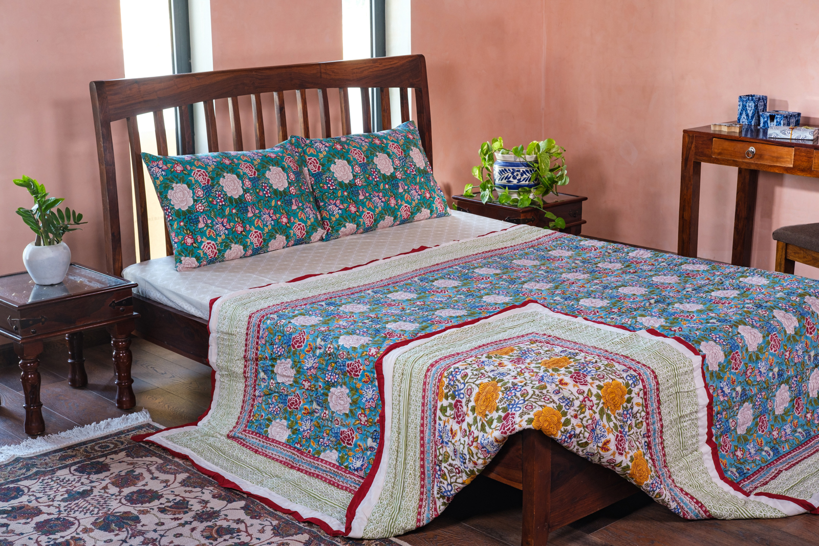 Hand Block Printed Cotton Queen Size Quilt Floral Canvas Blue Jade Gud 206865