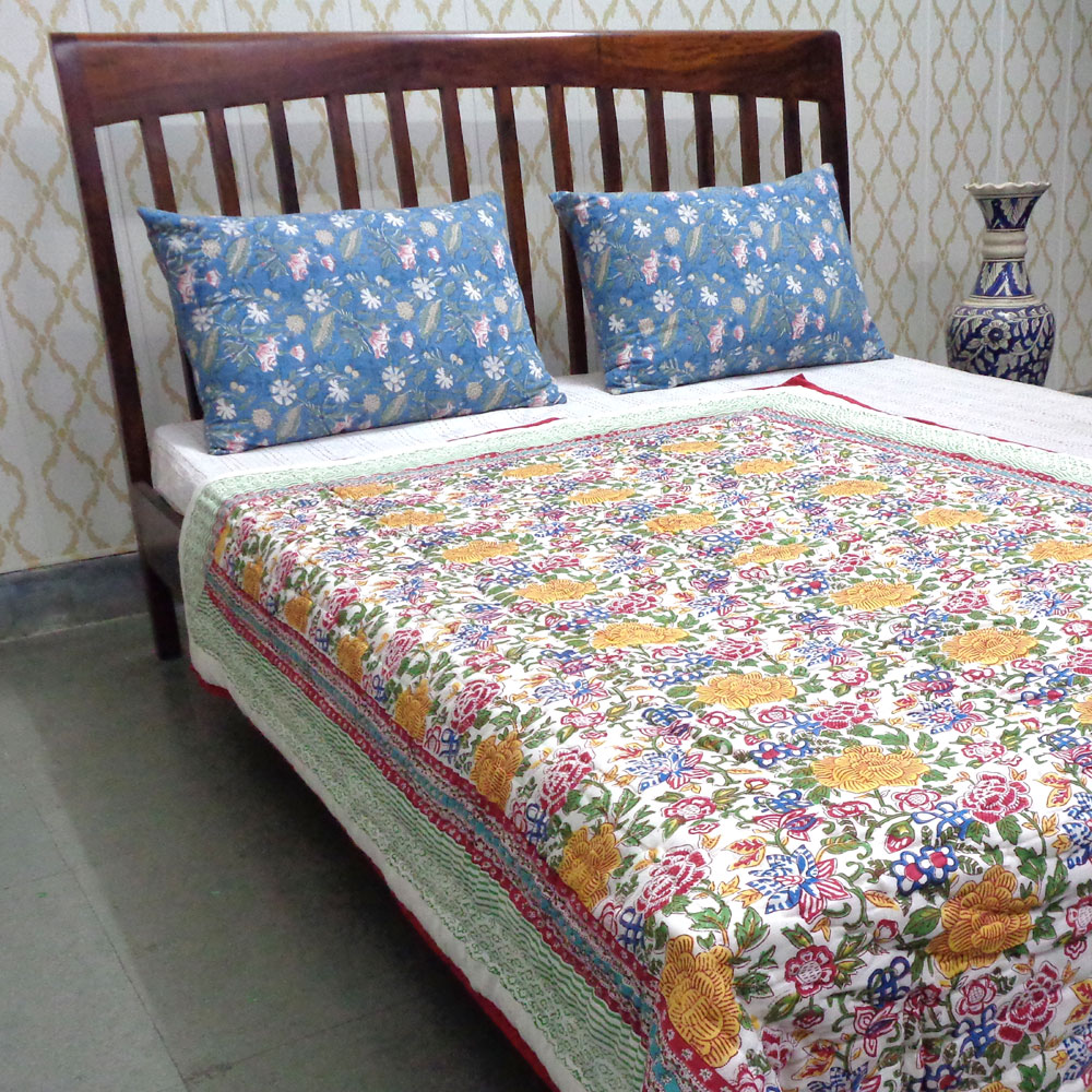 Hand Block Printed Cotton Twin Size Quilt Floral Canvas Blue Jade Gud Red 206865