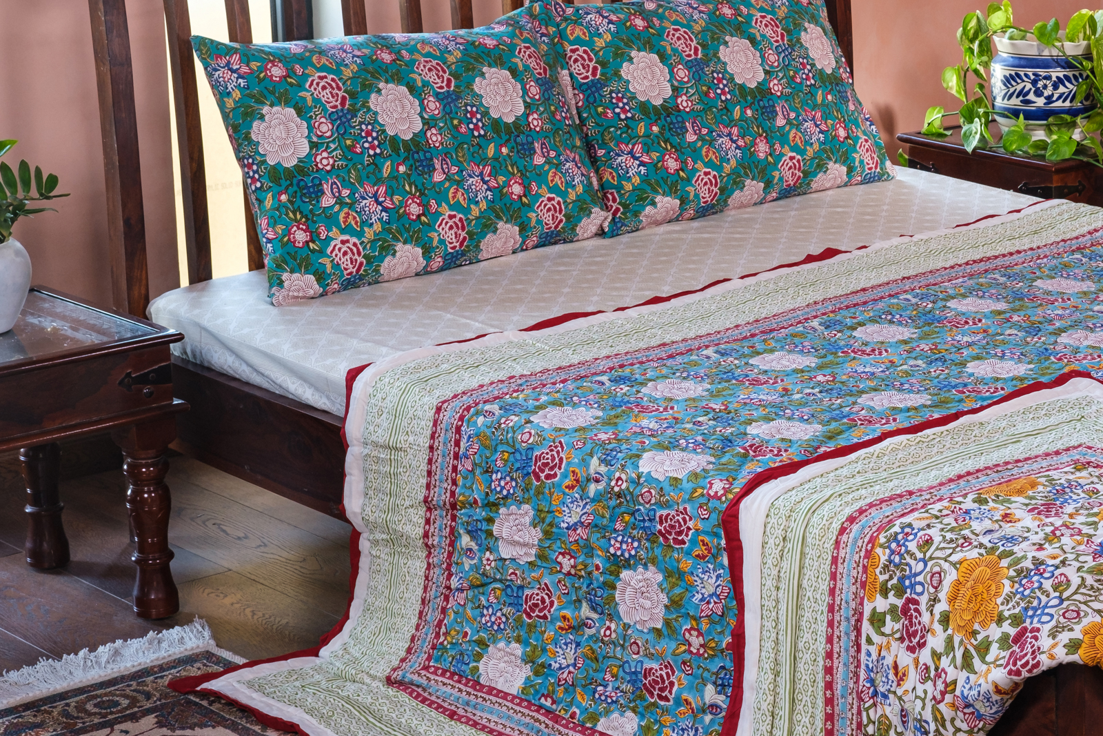 Hand Block Printed Cotton Queen Size Quilt Floral Canvas Blue Jade Gud 206865