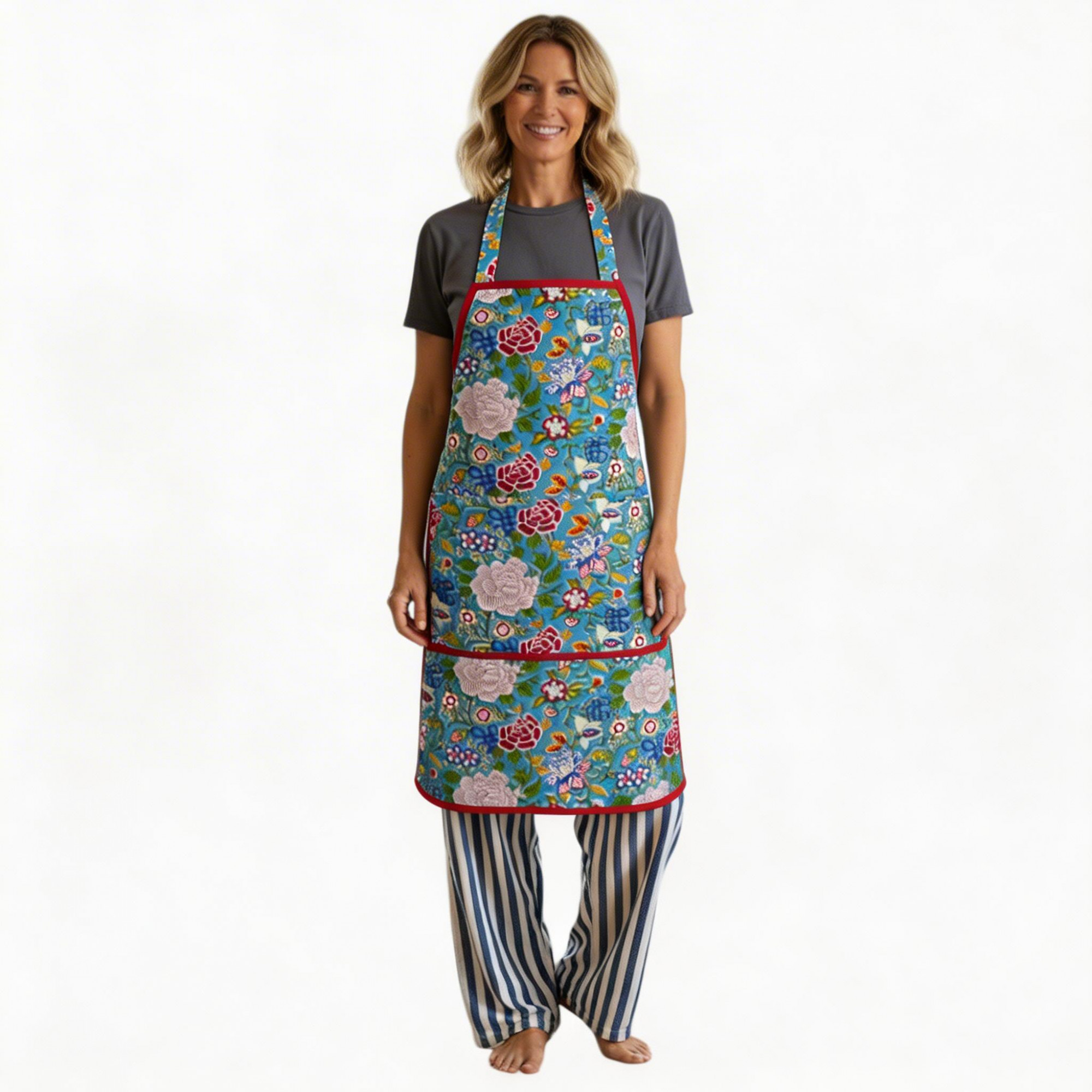 Indian Block-Printed 100 Cotton Apron Floral Canvas Blue Jade Gud 206865
