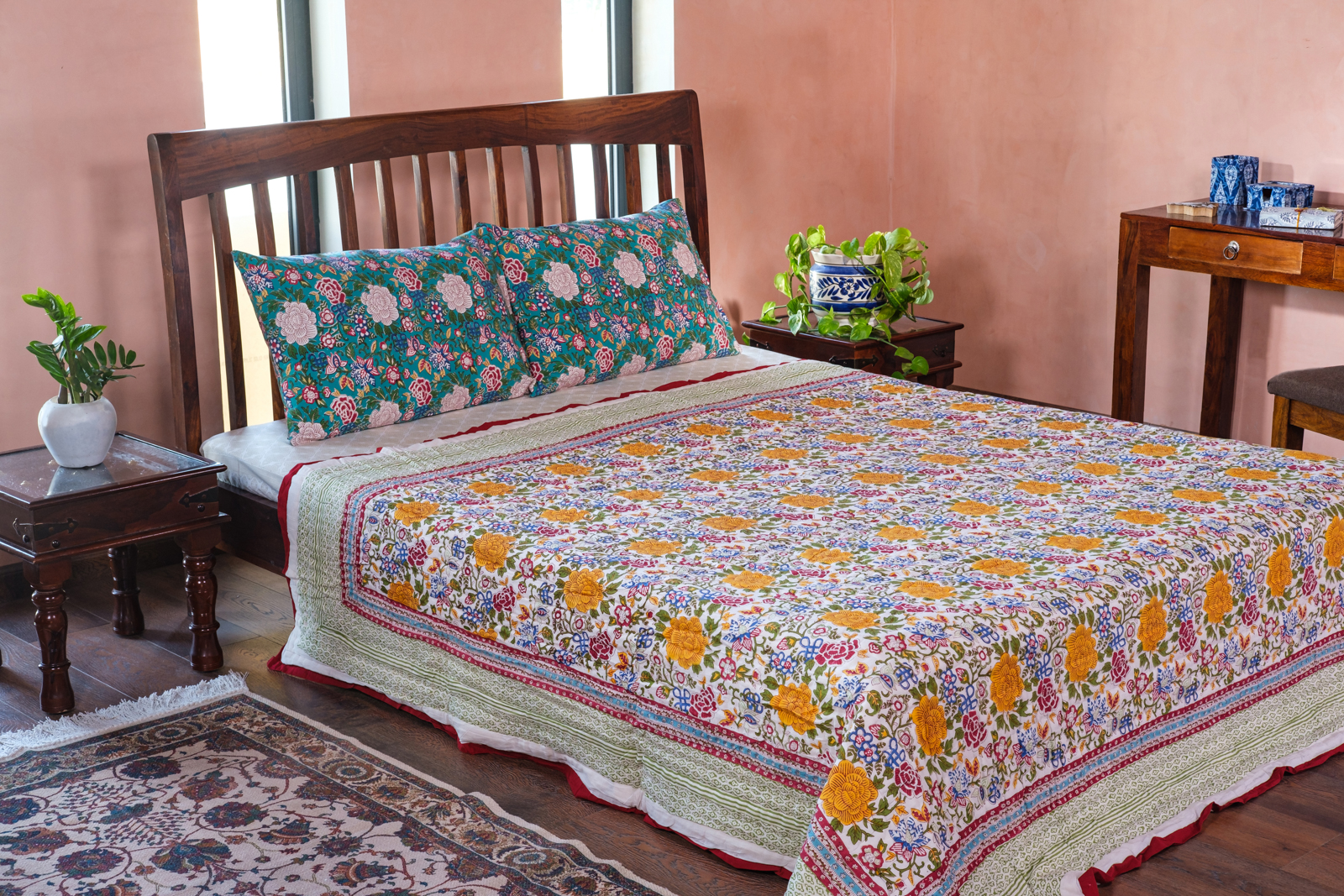 Hand Block Printed Cotton Queen Size Quilt Floral Canvas Blue Jade Gud 206865