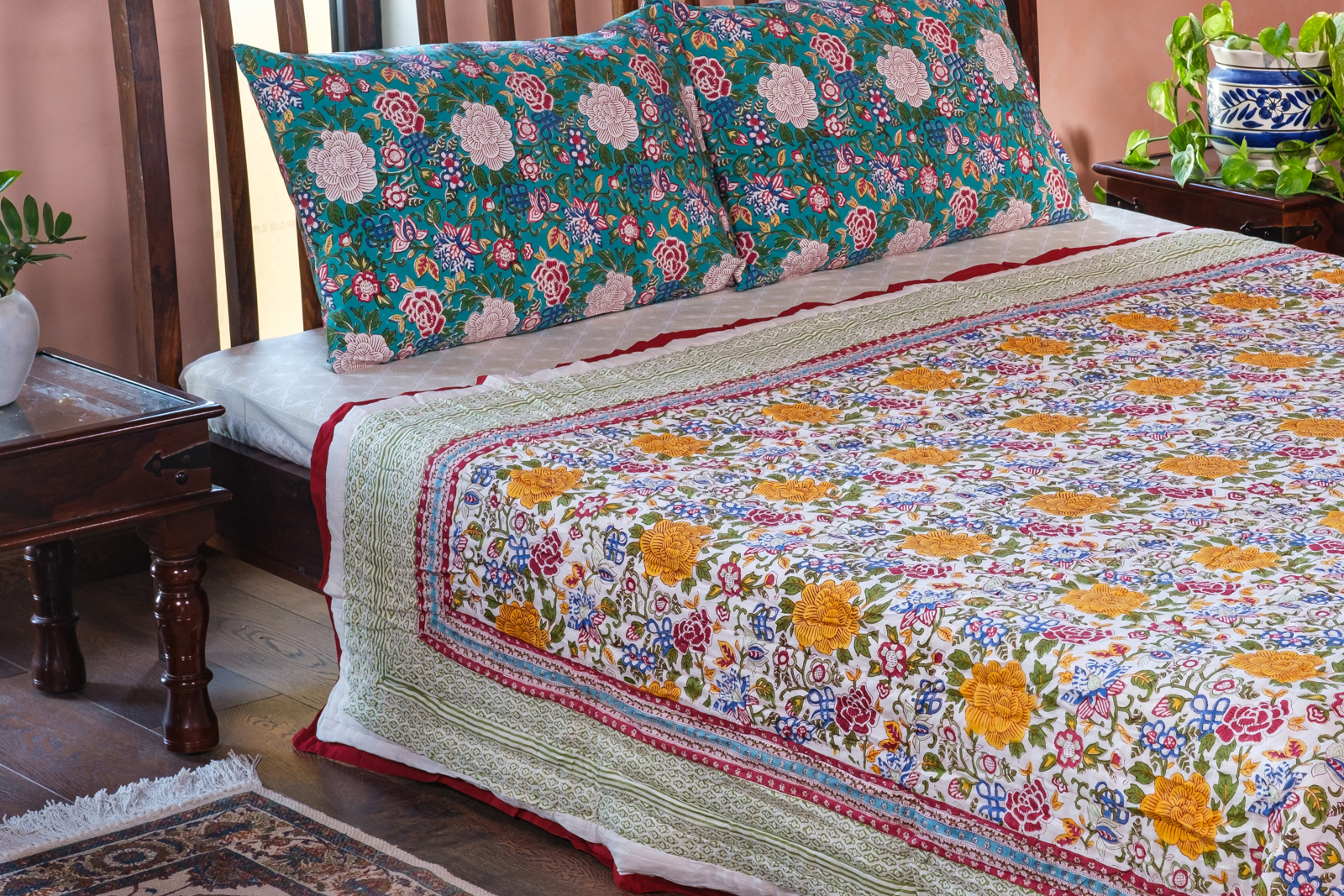 Hand Block Printed Cotton Queen Size Quilt Floral Canvas Blue Jade Gud 206865