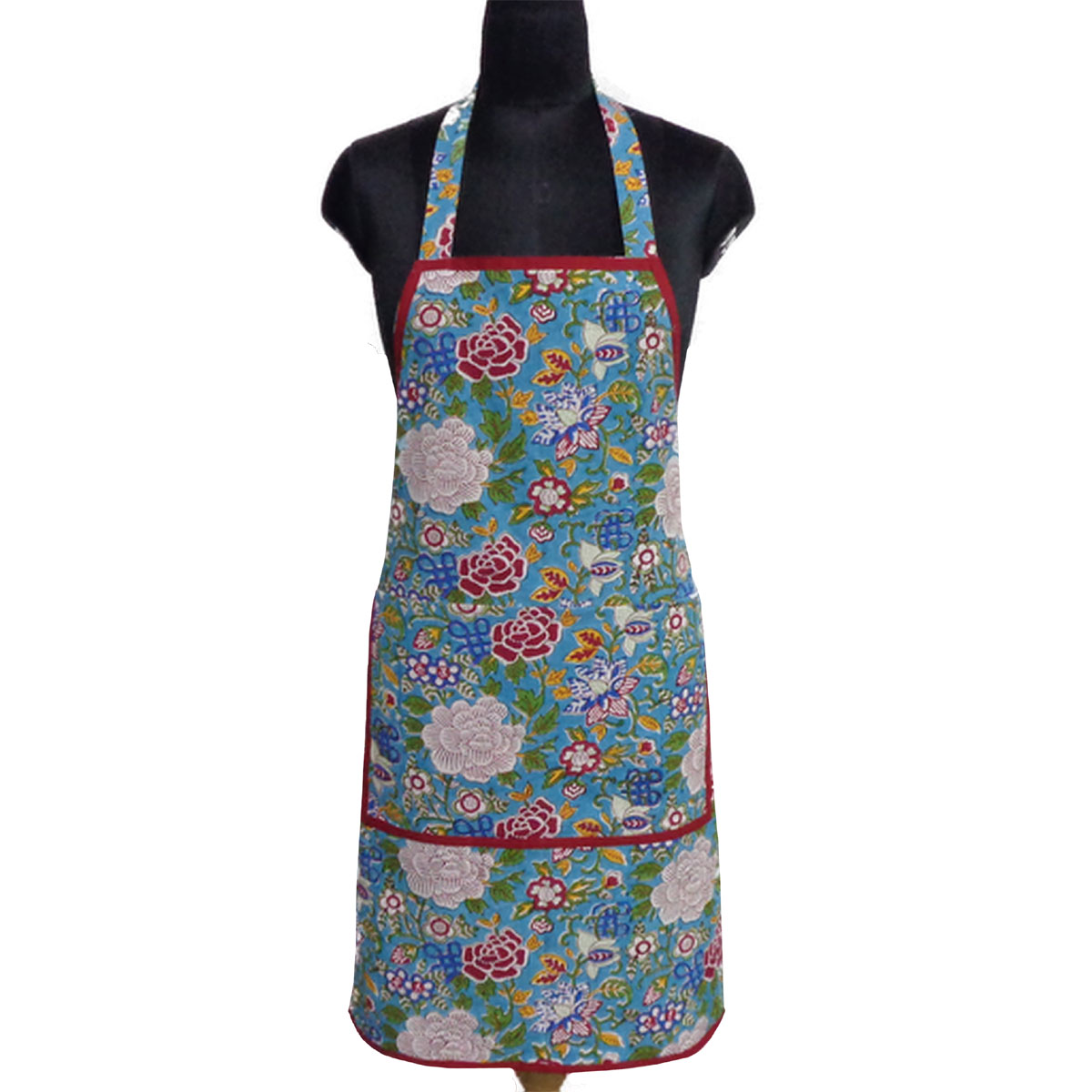 Indian Block-Printed 100 Cotton Apron  Floral Canvas Blue Jade Gud 206865