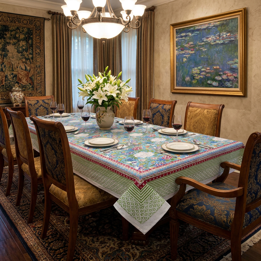 Tablecloth 12 seater in Cotton Hand Block Printed Cotton Tablecloth 180x340 cms Floral Canvas Blue Jade Gud 206865