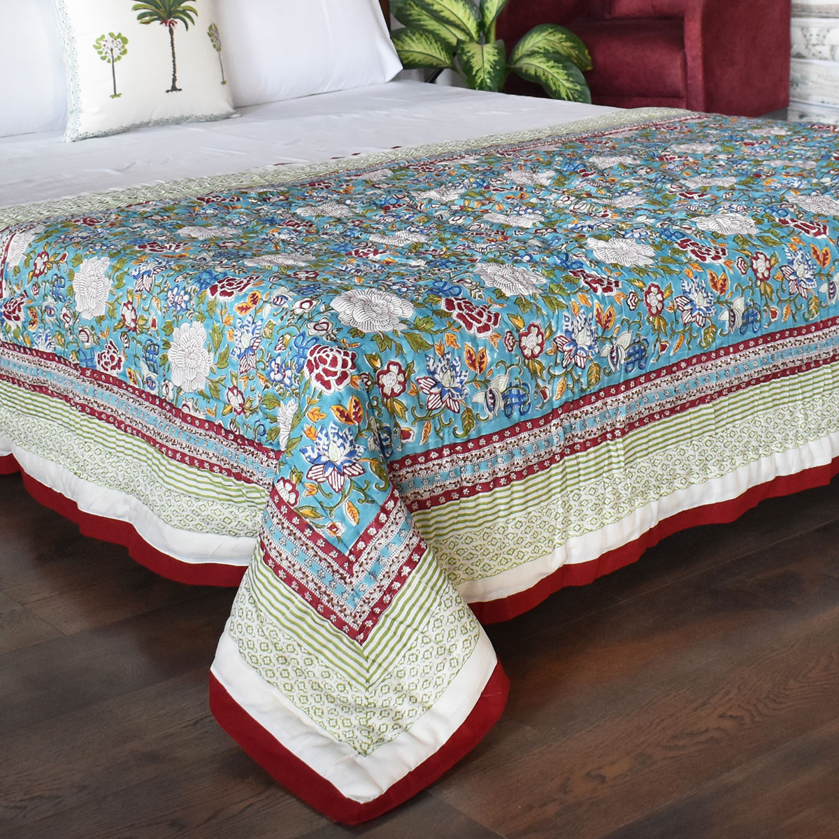 Hand Block Printed Cotton Twin Size Quilt  Floral Canvas Blue Jade Gud Red 206865
