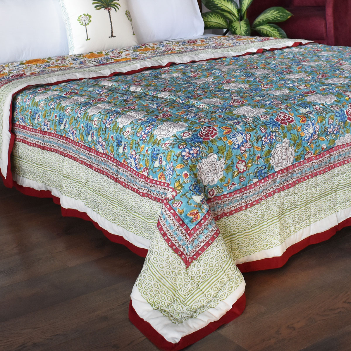 Hand Block Printed Cotton Queen Size Quilt Floral Canvas Blue Jade Gud 206865