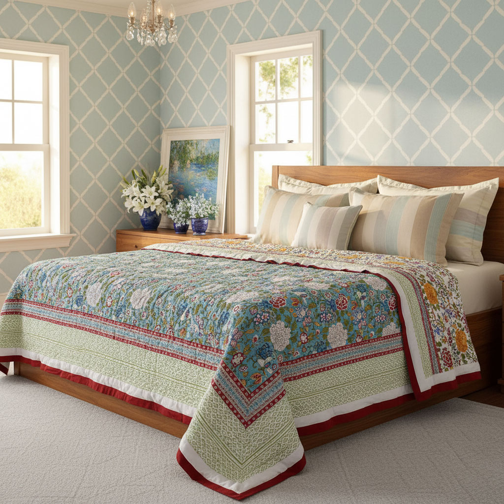 Hand Block Printed Cotton Queen Size Quilt Floral Canvas Blue Jade Gud 206865