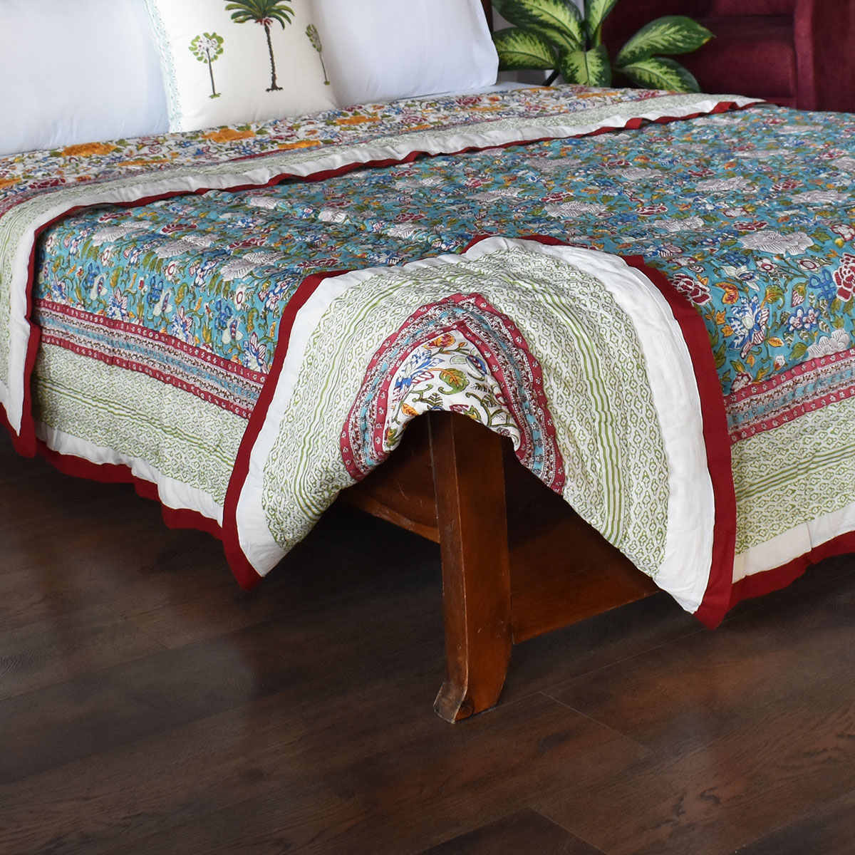 Hand Block Printed Cotton Queen Size Quilt Floral Canvas Blue Jade Gud 206865