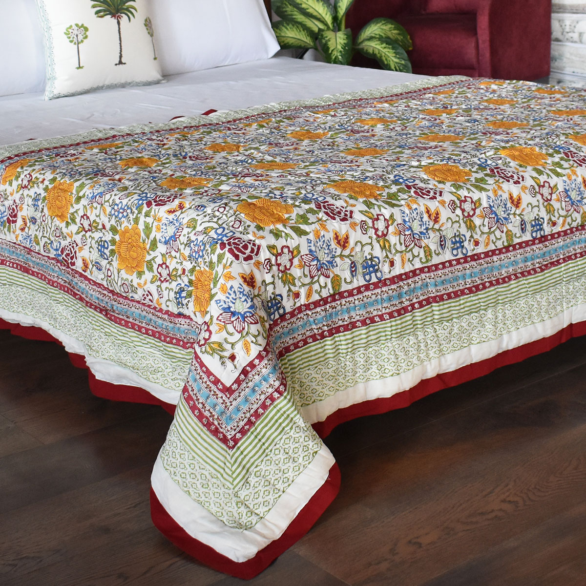 Hand Block Printed Cotton Twin Size Quilt Floral Canvas Blue Jade Gud Red 206865