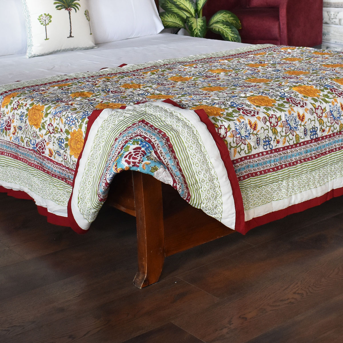 Hand Block Printed Cotton Twin Size Quilt Floral Canvas Blue Jade Gud Red 206865