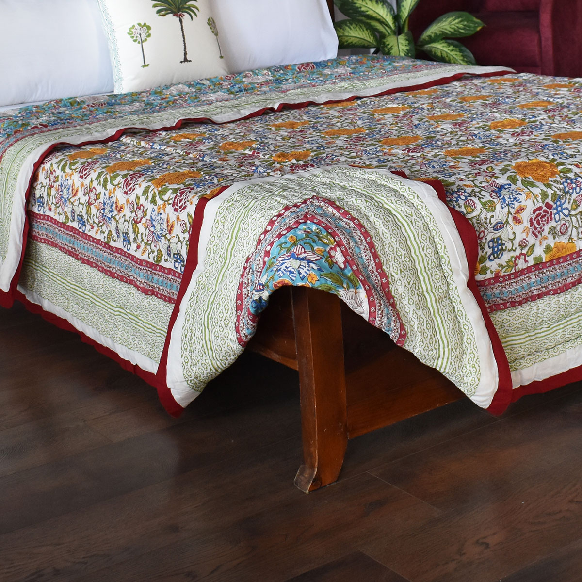 Hand Block Printed Cotton Queen Size Quilt Floral Canvas Blue Jade Gud 206865